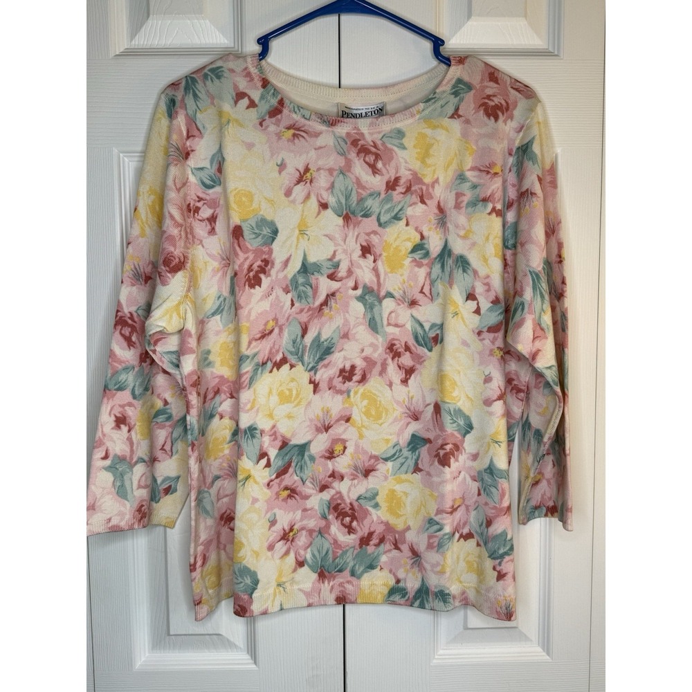 Pendleton Sweater Vintage Pastel Floral Garden 3/4 Sleeve Silk Blend Light XL